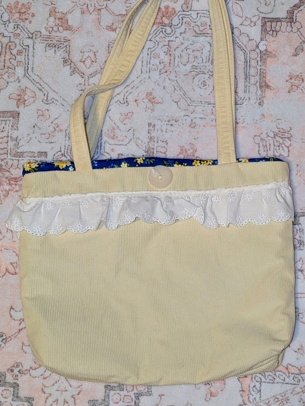 Soft Yellow Small Ruffle Tote Bag with Floral Interior